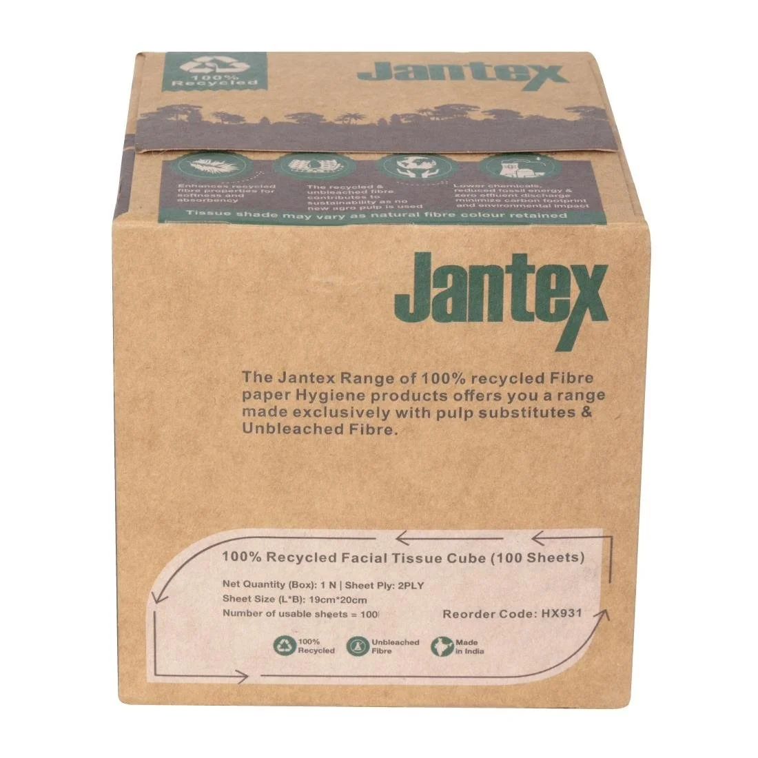 Jantex Green 100% Recycled Facial Tissue Cube 100 Sheets (36 Pack) - Image 4
