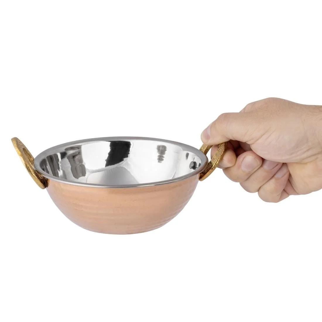 Olympia Copper Kadai Dish Stainless Steel Brass Handles 400ml - Image 2