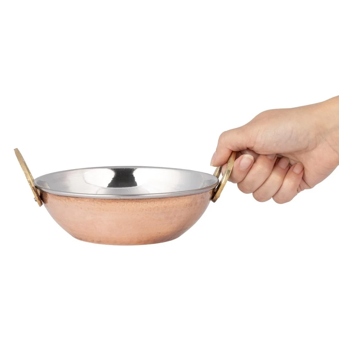 Olympia Copper Kadai Dish Stainless Steel Brass Handles 660ml - Image 2