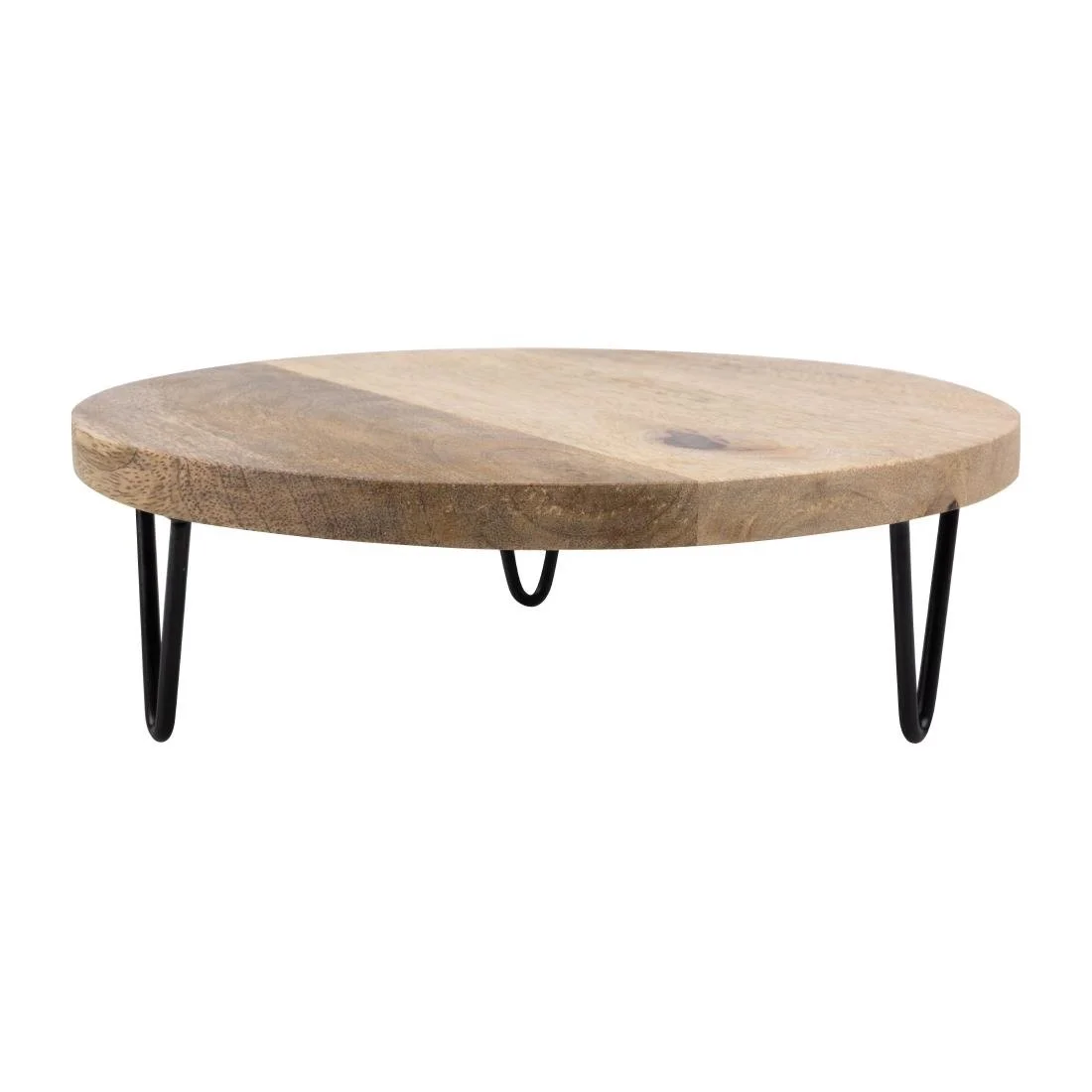 Olympia Round Display Stand Mango Wood with Metal Legs 250x80mm - Image 1