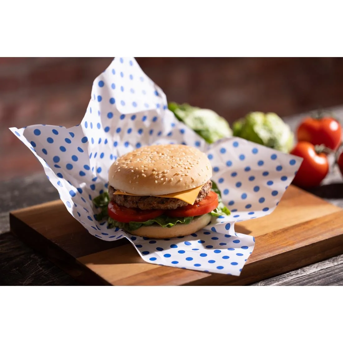 Fiesta Compostable Burger Wraps Blue Dot 250x300mm (200 Pack) - Image 6