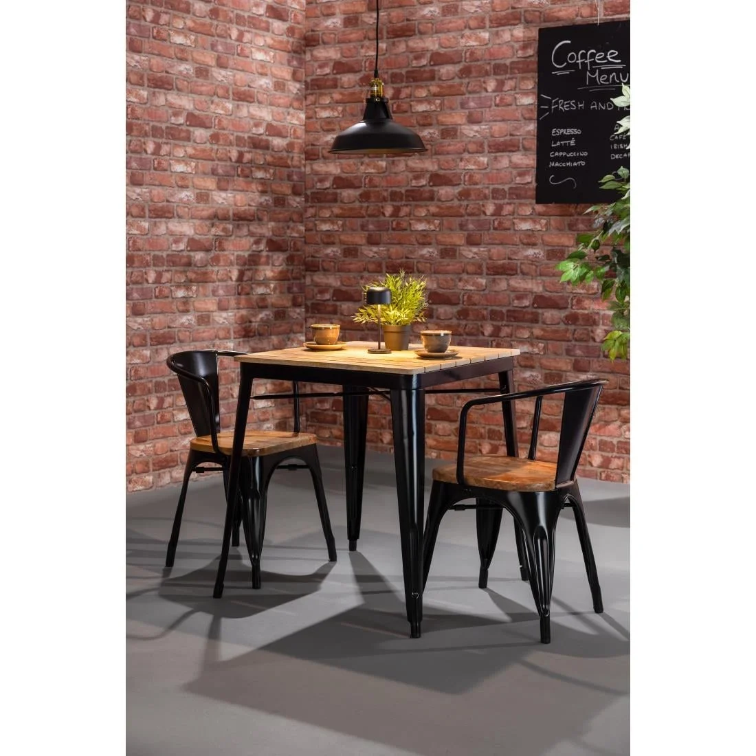 Bolero Bistro Dining Table Slatted Mango Wood Top Black Frame 650mm - Image 2