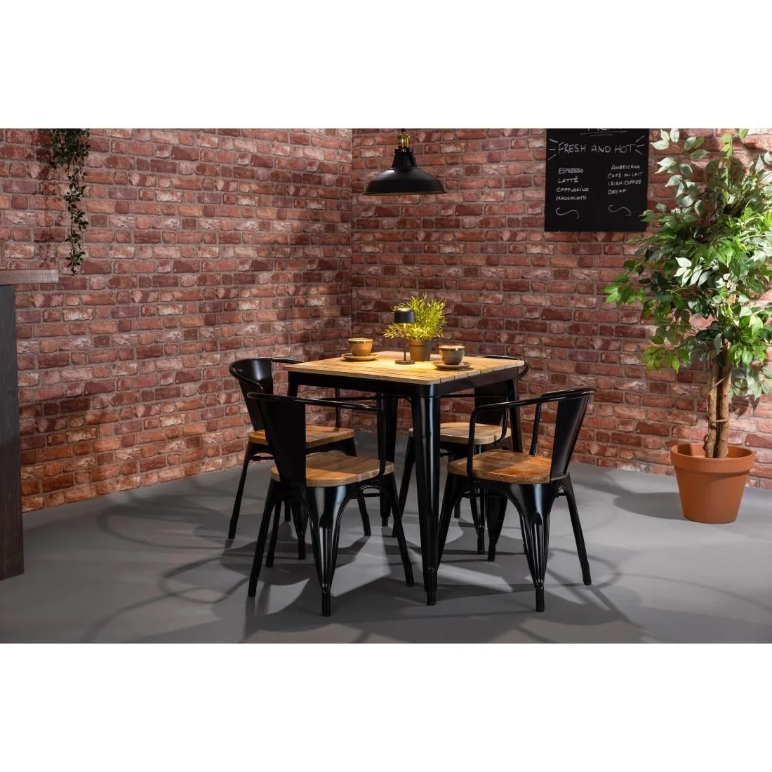 Bolero Bistro Dining Table Slatted Mango Wood Top Black Frame 650mm - Image 4