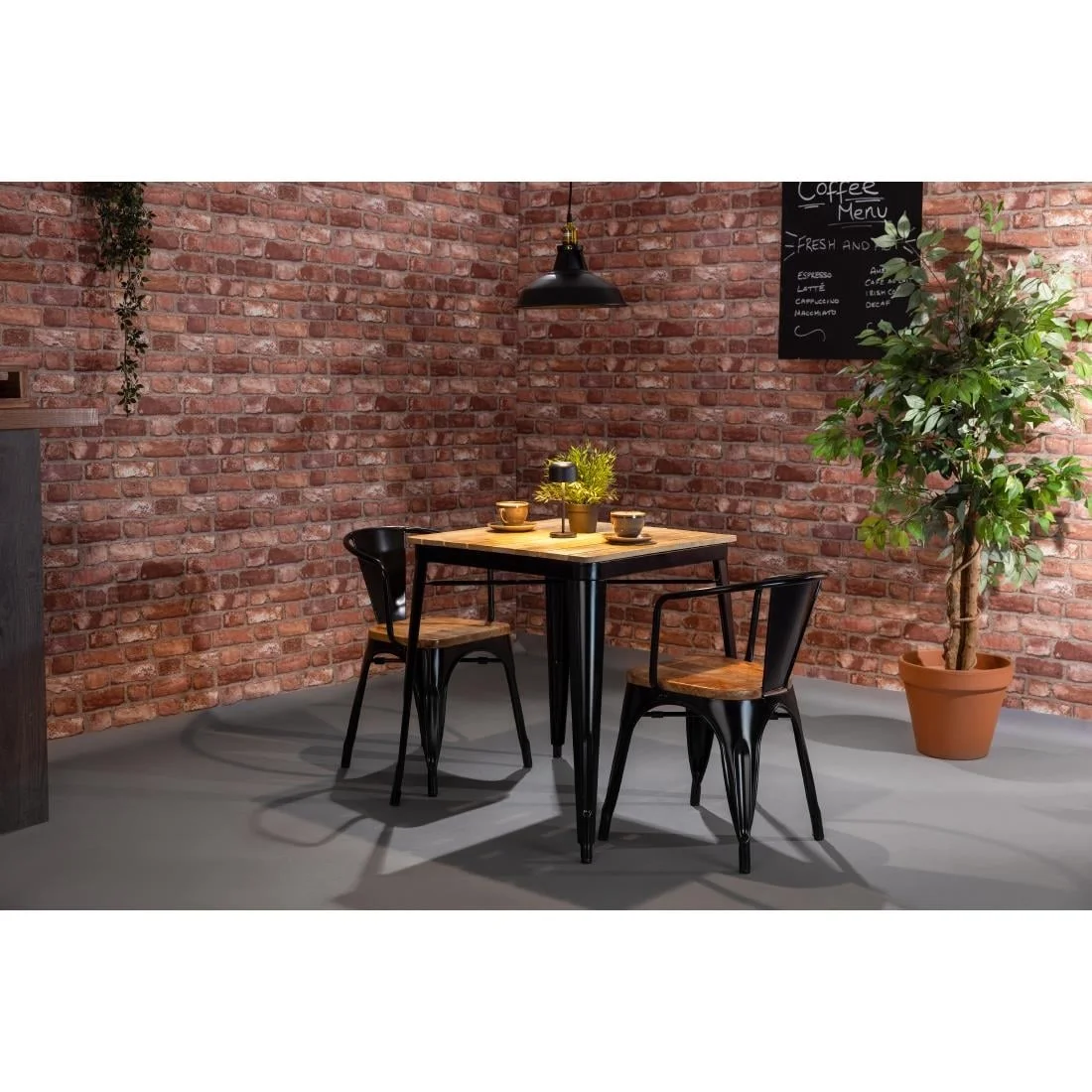 Bolero Bistro Dining Table Slatted Mango Wood Top Black Frame 650mm - Image 5