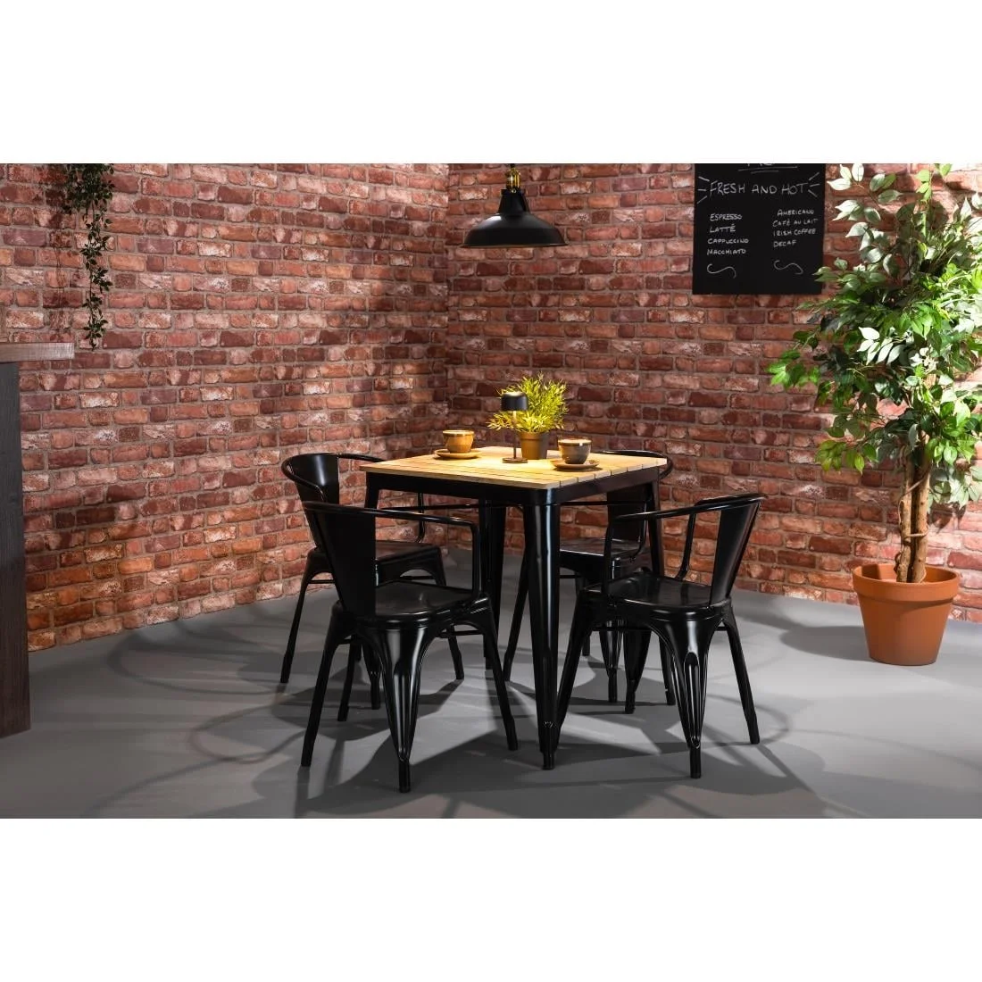 Bolero Bistro Dining Table Slatted Mango Wood Top Black Frame 650mm - Image 6