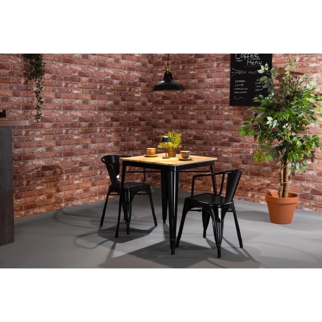Bolero Bistro Dining Table Slatted Mango Wood Top Black Frame 650mm - Image 8
