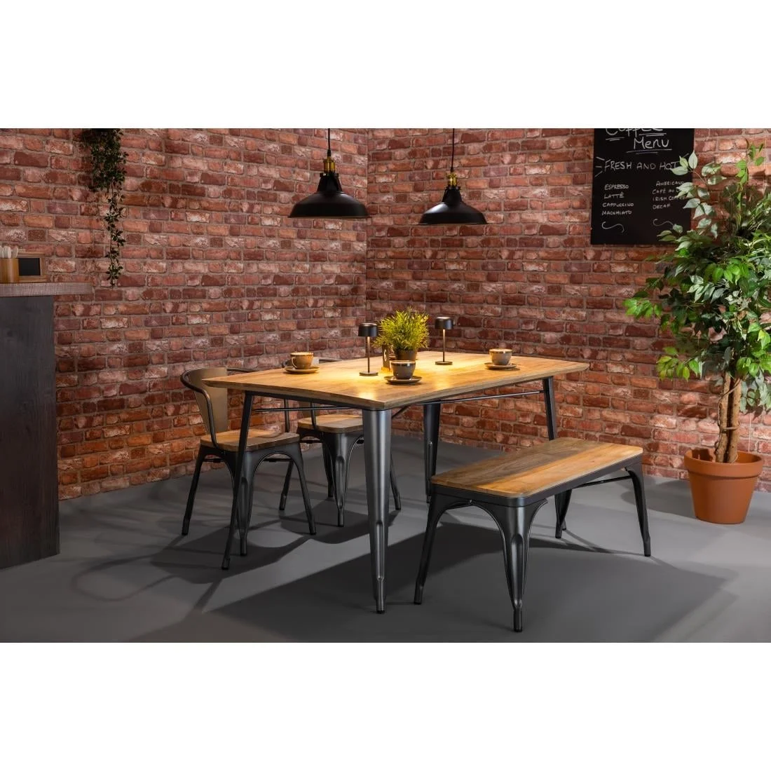 Bolero Bistro Indoor Bench Mango Wood & Gunmetal Frame 1000mm (2 Pack) - Image 3