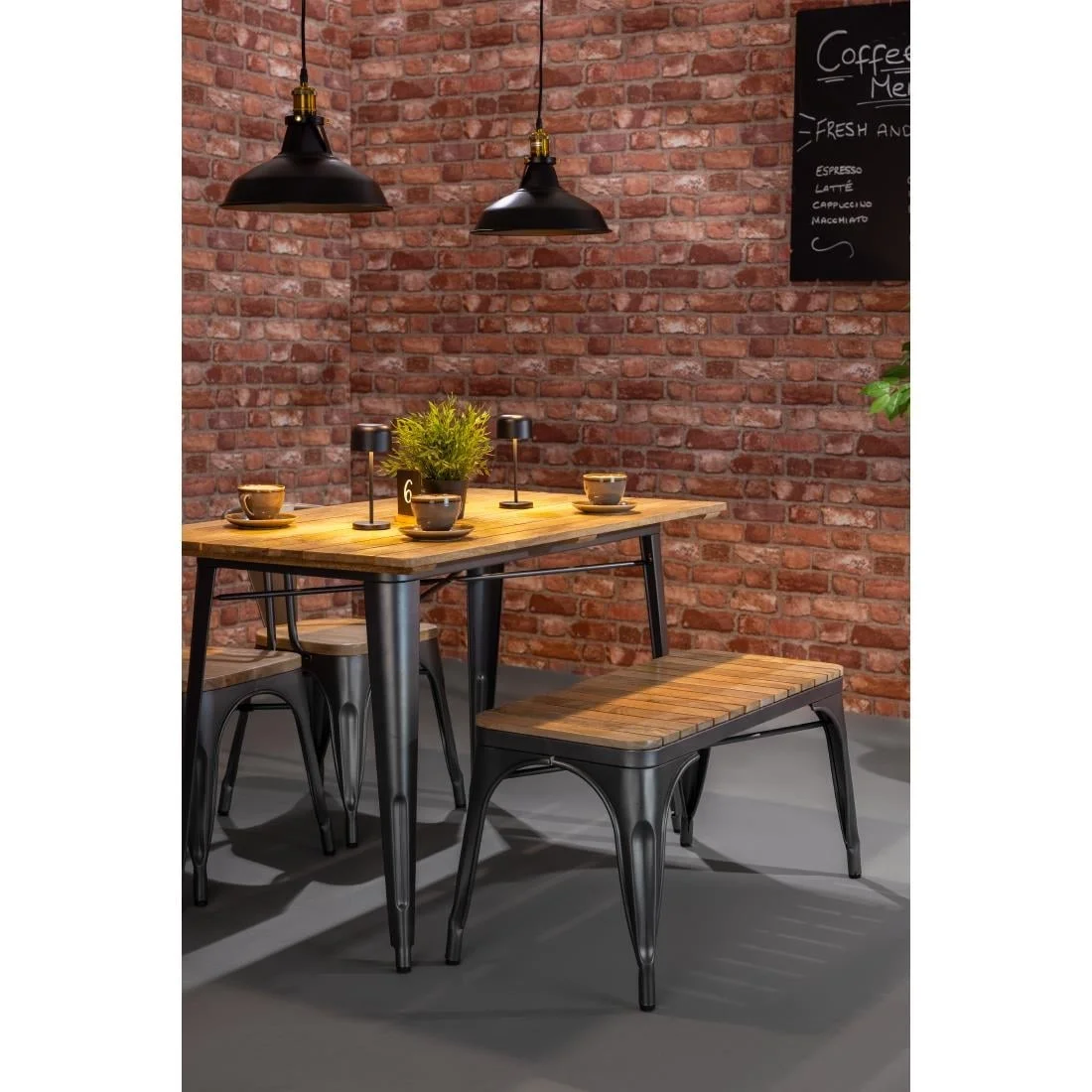 Bolero Bistro Indoor Bench Slatted Mango Wood & Gunmetal Frame 850mm (2 Pack) - Image 2