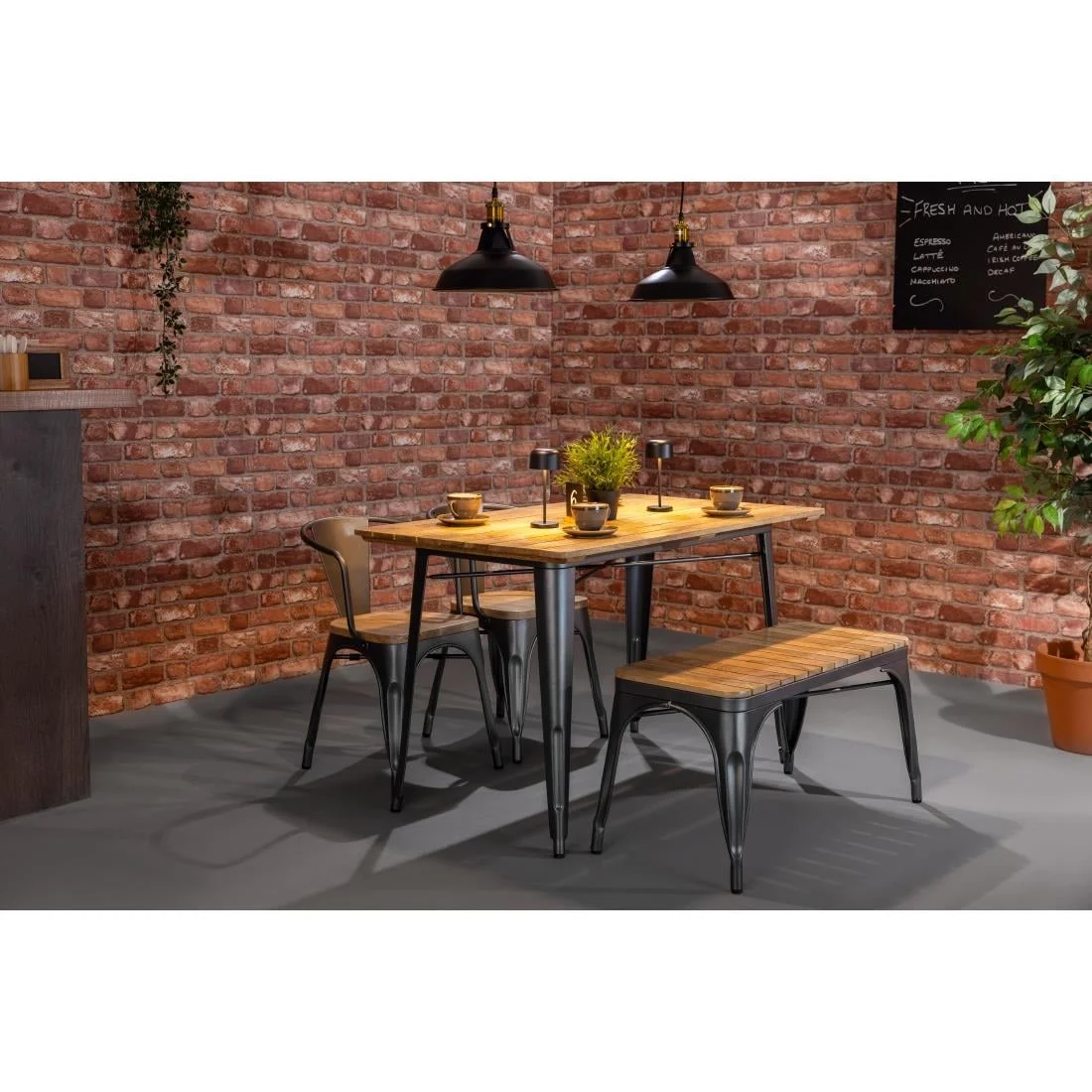 Bolero Bistro Indoor Bench Slatted Mango Wood & Gunmetal Frame 850mm (2 Pack) - Image 3