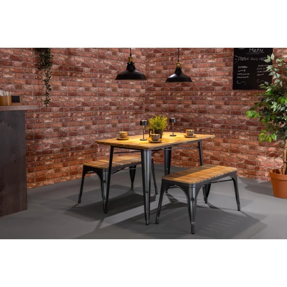 Bolero Bistro Indoor Bench Slatted Mango Wood & Gunmetal Frame 850mm (2 Pack) - Image 4