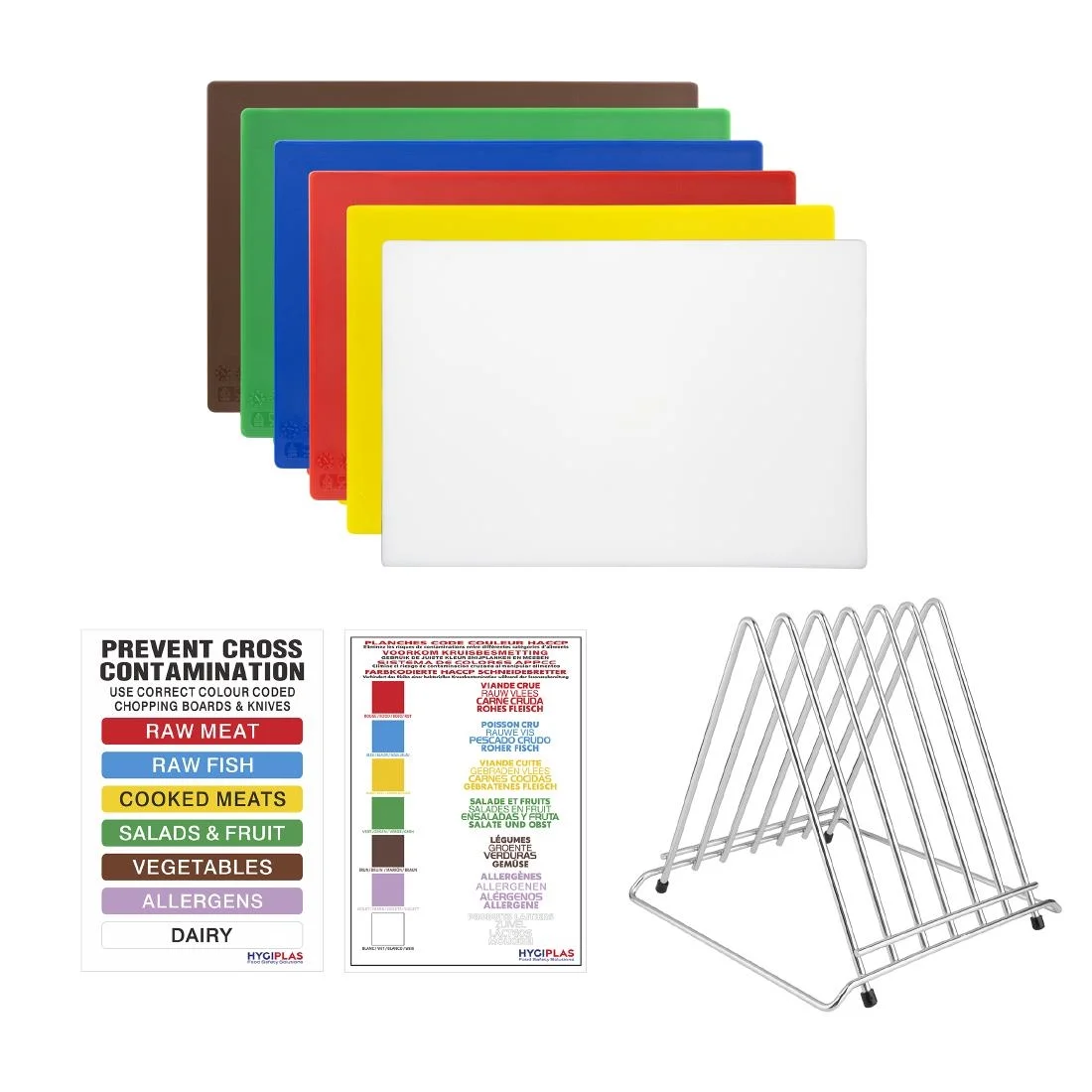 Hygiplas Thick Low Density Chopping Board Set with Rack