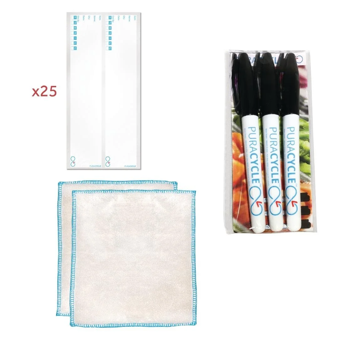 Puracycle Reusable Day Bottle Label Pack (25 Labels, 2 Cloths) + Free Pens