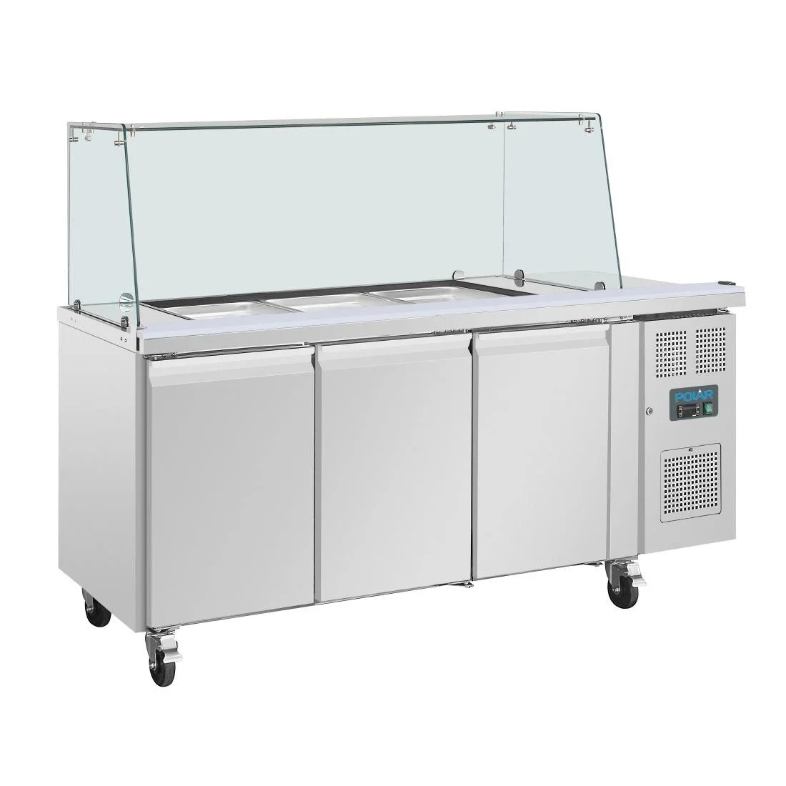 Polar U-Series GN Saladette Counter with Square Sneeze Guard 3 Door - Image 1