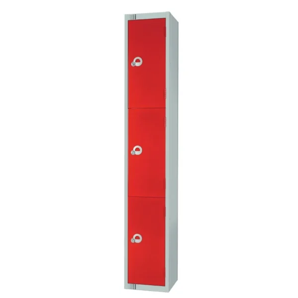 Elite Three Door Coin Return Locker with Sloping Top Red
